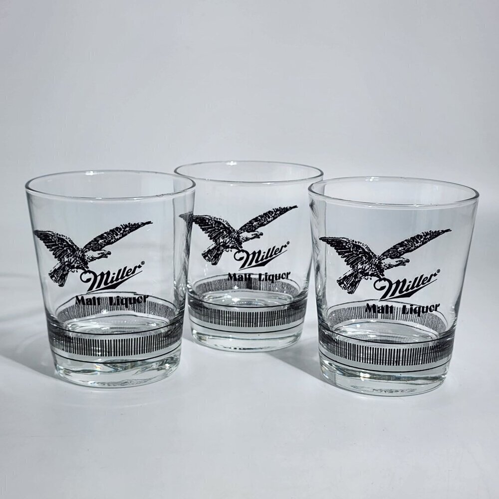 Miller Malt Liquor Lowball Glass Tumblers With American Eagle Design Set Of 3 VT